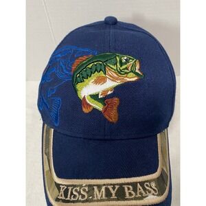 Kiss My Bass Hat Embroidered Fish Cap Navy Adjustable Fishing Novelty Humor